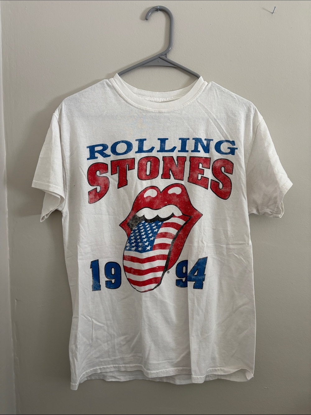 Urban Outfitters White Rolling Stones 1994 Graphic Tee with Red and Blue Logo